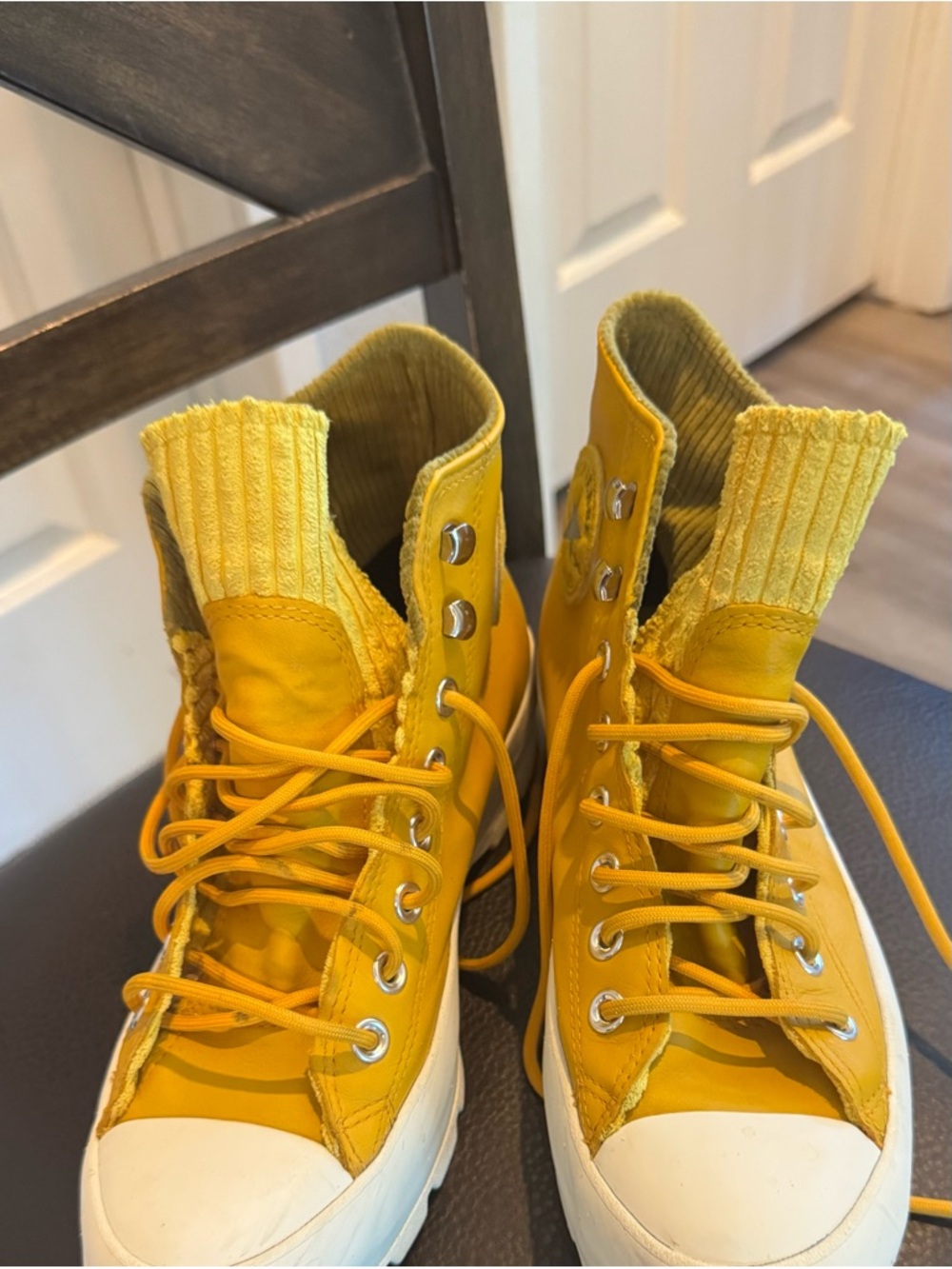 Women’s High-Top leather platform boots in turmeric Yellow.